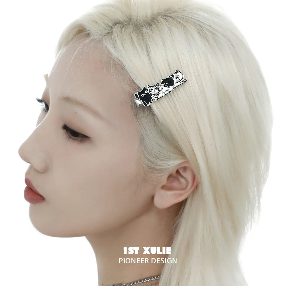 1ST XULIE "Graffiti Kitten" Enamel Kitten Hair Barrettes in Platinum Plated Brass - On Model