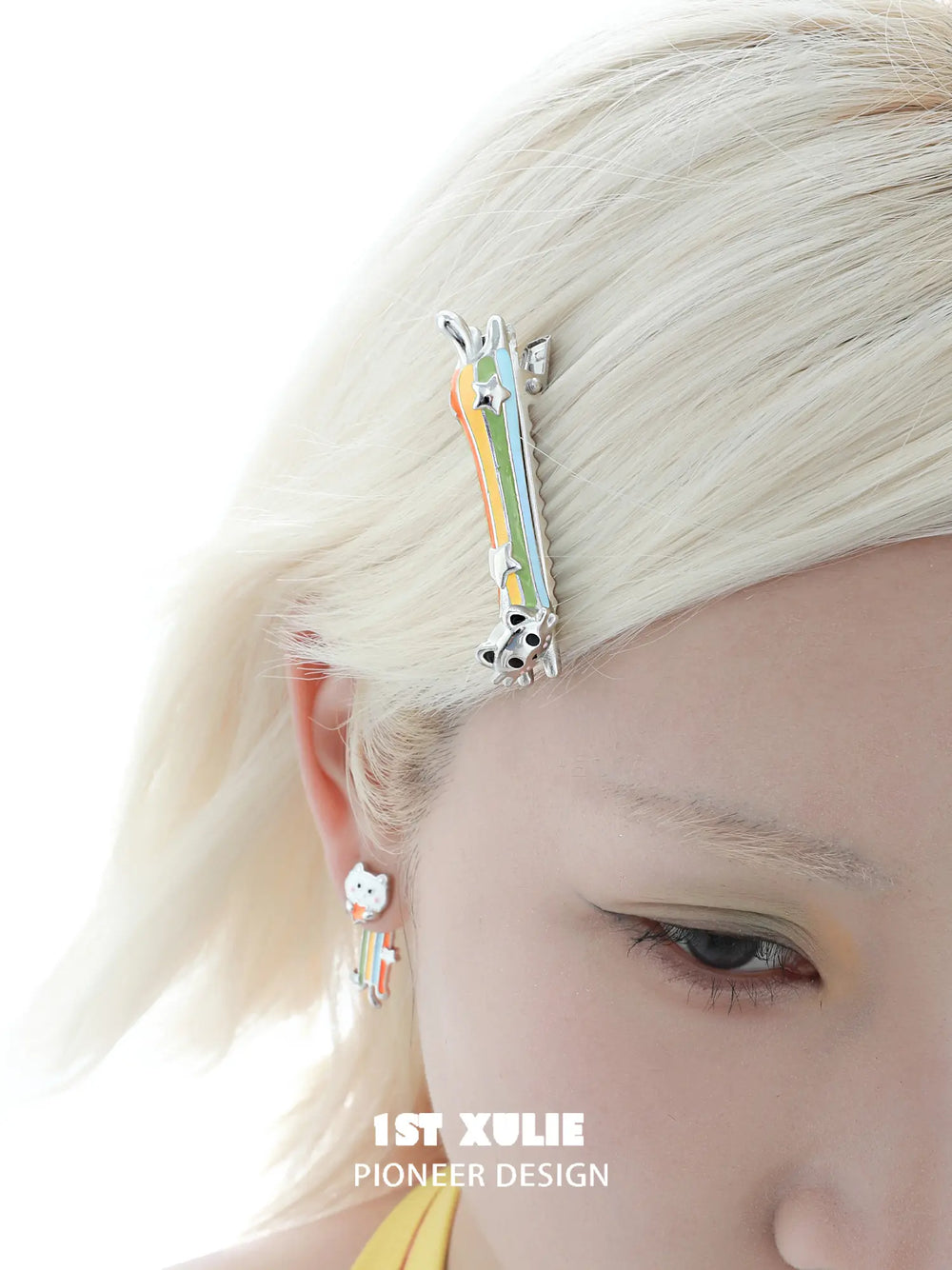 1ST XULIE Jewelry "RAINBOW CAT" Enamel Kitten Hair Clip - Side View