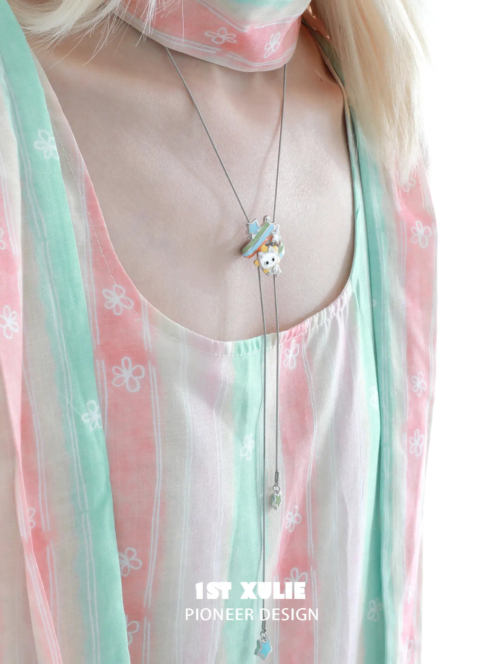 1ST XULIE Jewelry "RAINBOW CAT" Enamel Rainbow Kitten Statement Pendant Necklace in Brass - Detail Shot