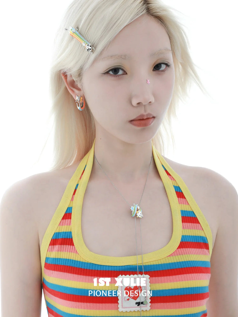 1ST XULIE Jewelry "RAINBOW CAT" Enamel Rainbow Kitten Statement Pendant Necklace in Brass - Lifestyle Shot