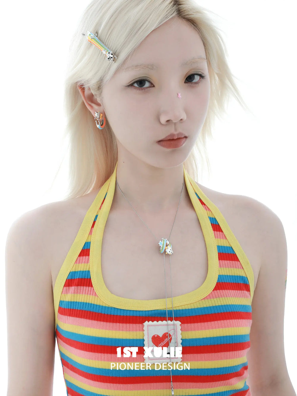 1ST XULIE Jewelry "RAINBOW CAT" Enamel Rainbow Kitten Statement Pendant Necklace in Brass - Side View