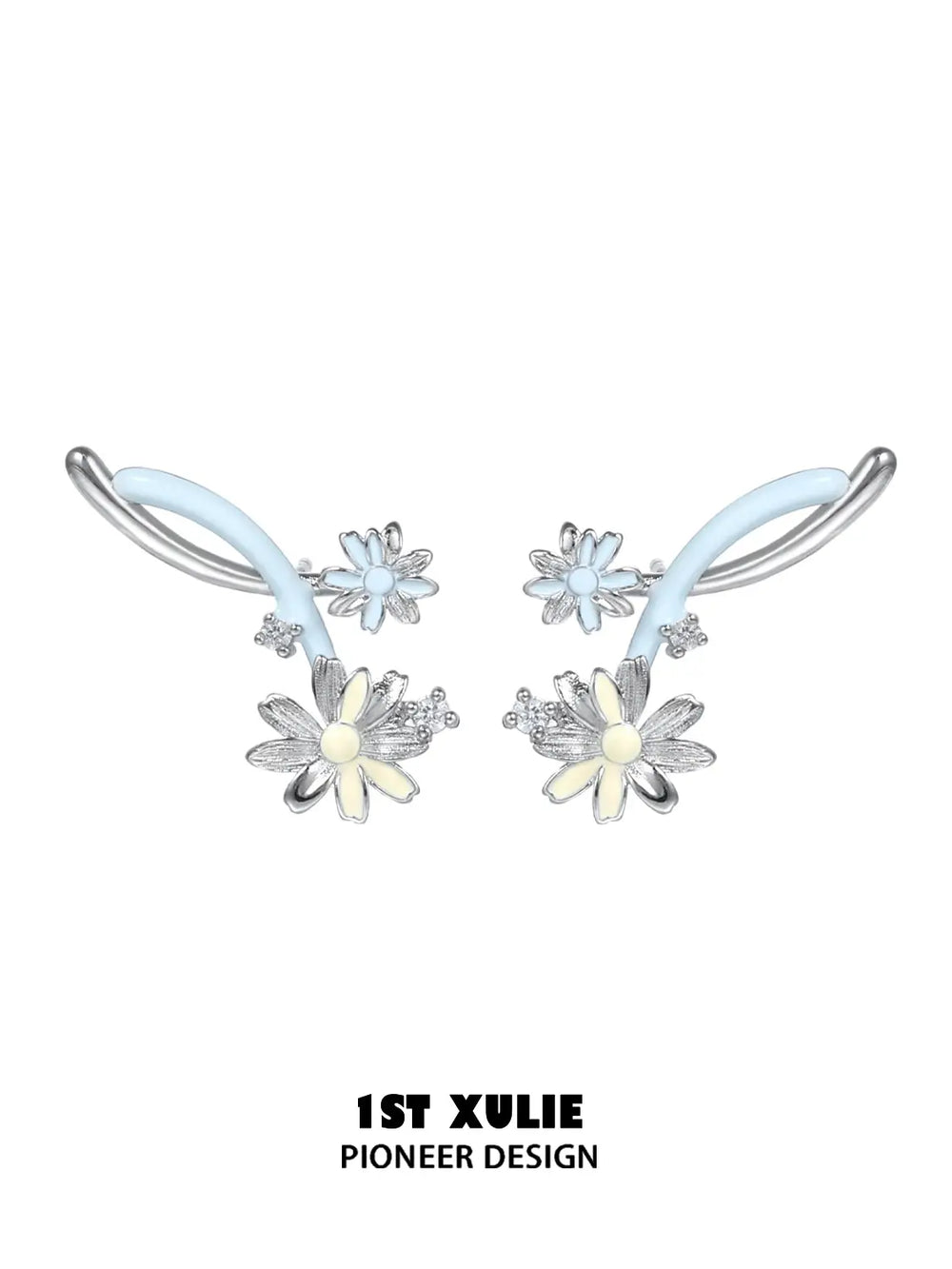 "DAISY" Enamel Zirconia Daisy Ear Cuffs, Dainty Floral Earrings - Image 15