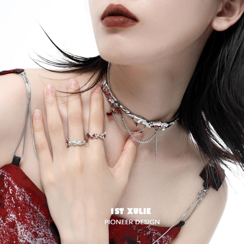 1ST XULIE "Wind Erosion" Y2K Statement Long Chain Necklace in Platinum Plated Brass - On Model