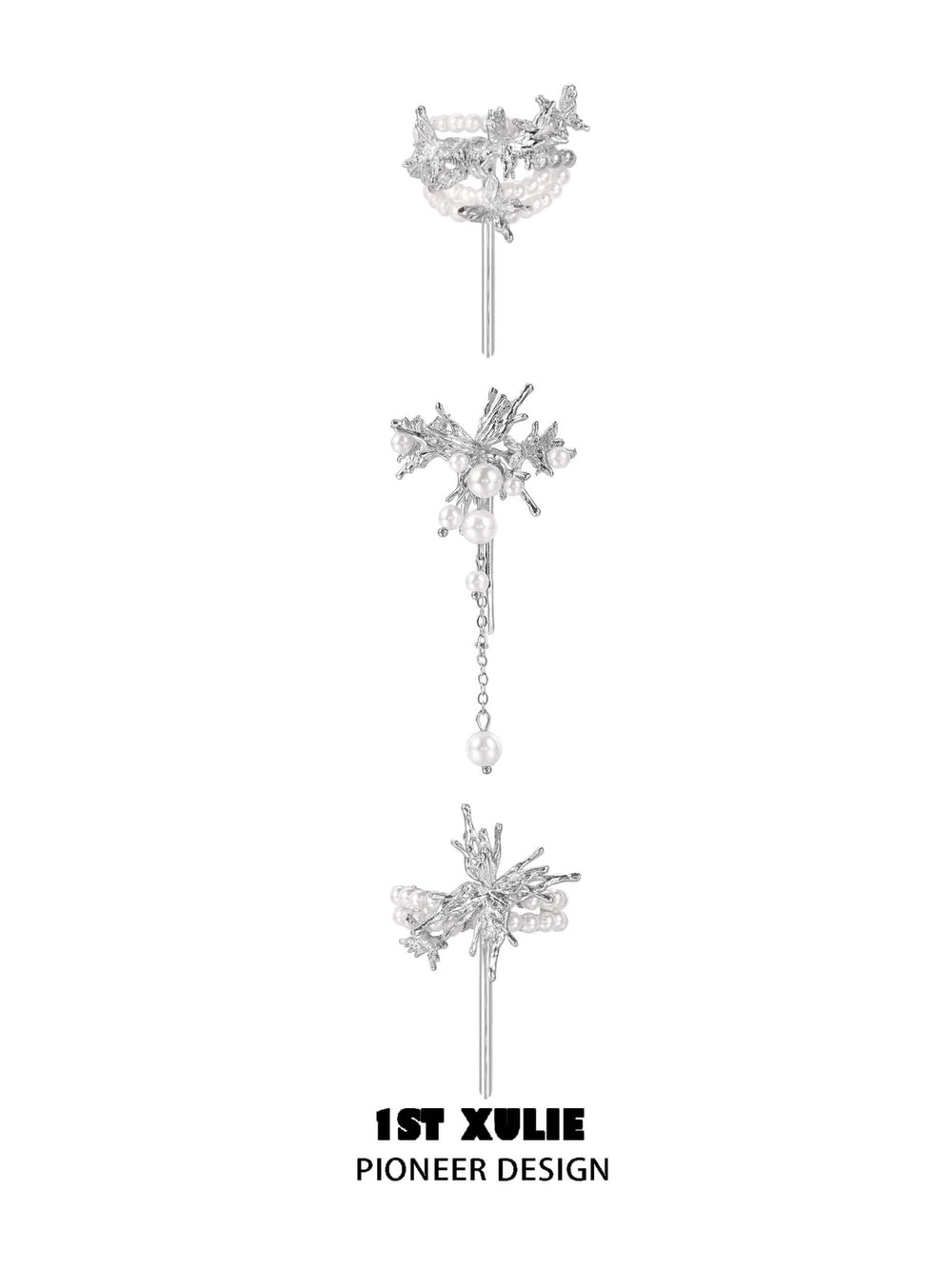 1ST XULIE "Whiterfly" Ethereal Butterfly Pearl Hair Clips in Platinum Plated - Clasp Detail Shot