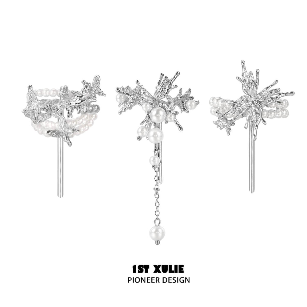 1ST XULIE "Whiterfly" Ethereal Butterfly Pearl Hair Clips in Platinum Plated - Detail Shot