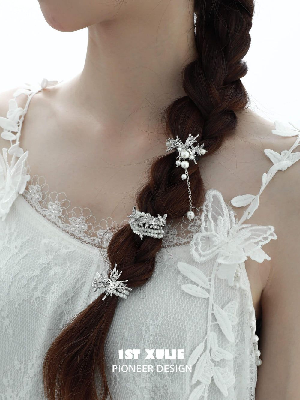 1ST XULIE "Whiterfly" Ethereal Butterfly Pearl Hair Clips in Platinum Plated - Product View