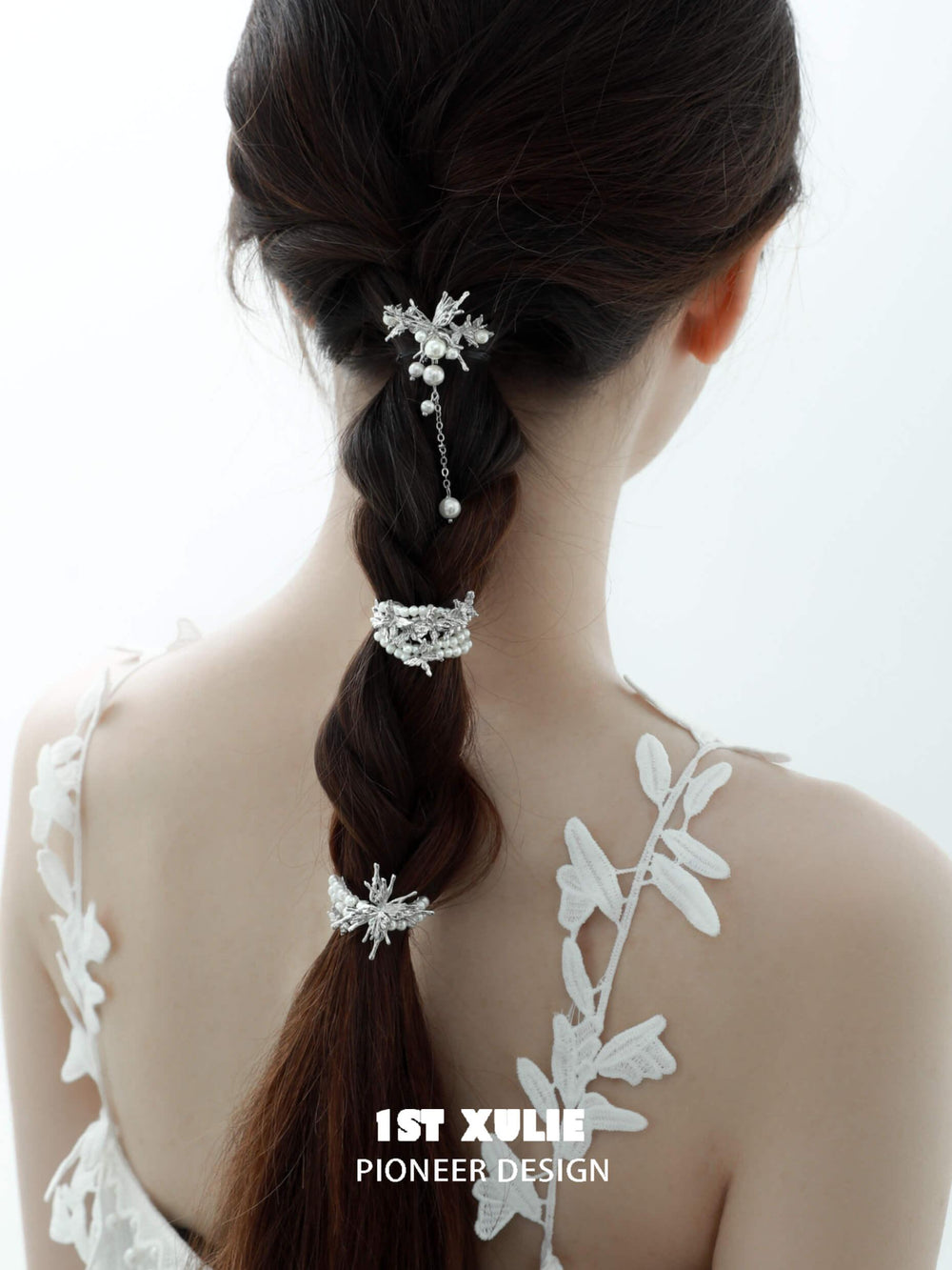 1ST XULIE "Whiterfly" Ethereal Butterfly Pearl Hair Clips in Platinum Plated - On Model
