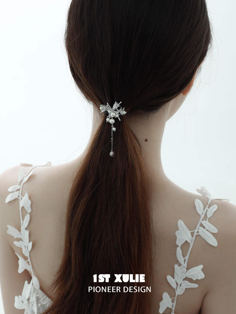 1ST XULIE "Whiterfly" Ethereal Butterfly Pearl Hair Clips in Platinum Plated - On Model Close-Up