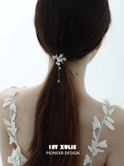 1ST XULIE "Whiterfly" Ethereal Butterfly Pearl Hair Clips in Platinum Plated - On Model Close-Up