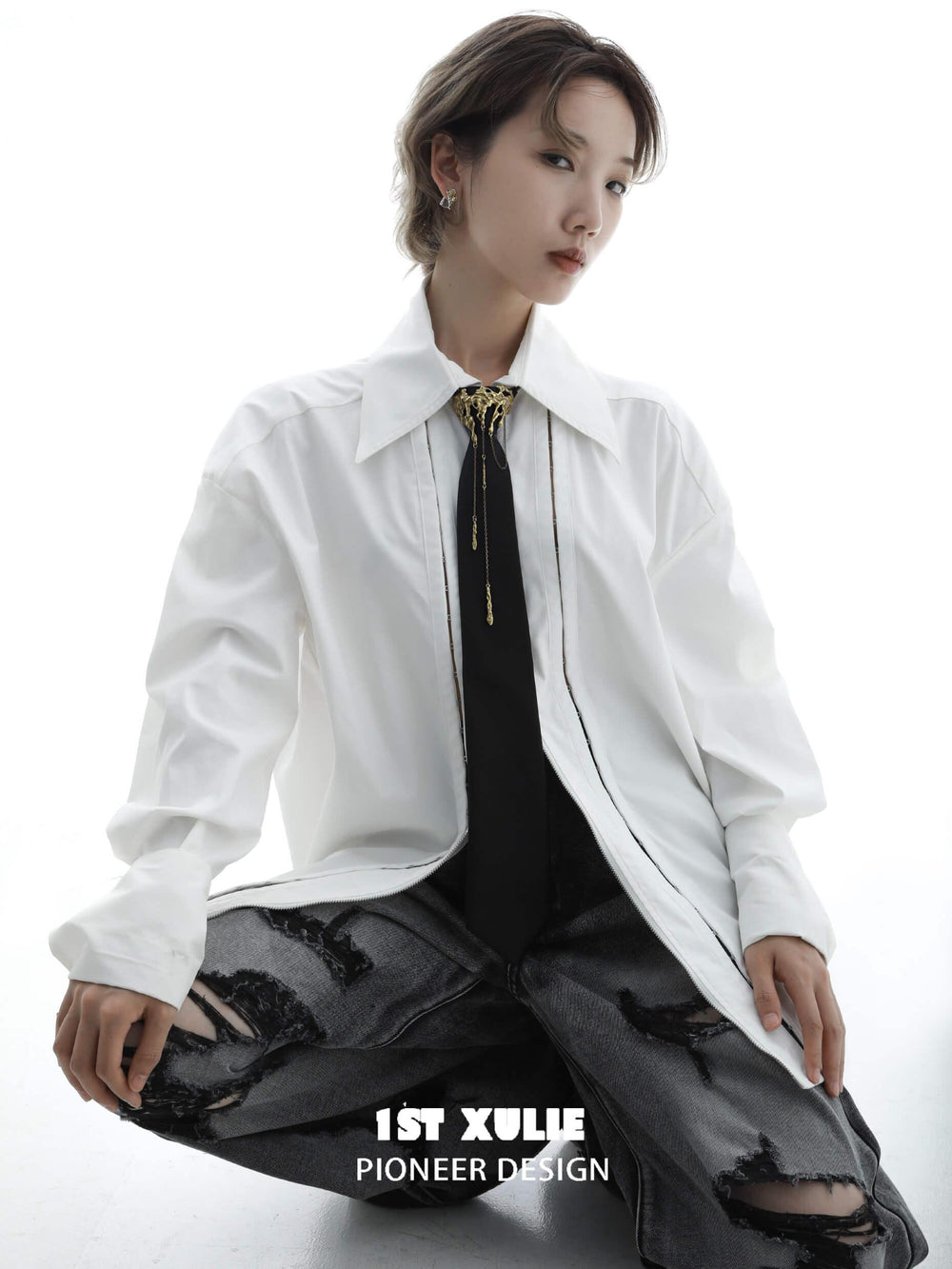 1ST XULIE "Lucifer" Feather Tassel Bolo Tie in Platinum Plated Brass - Side View