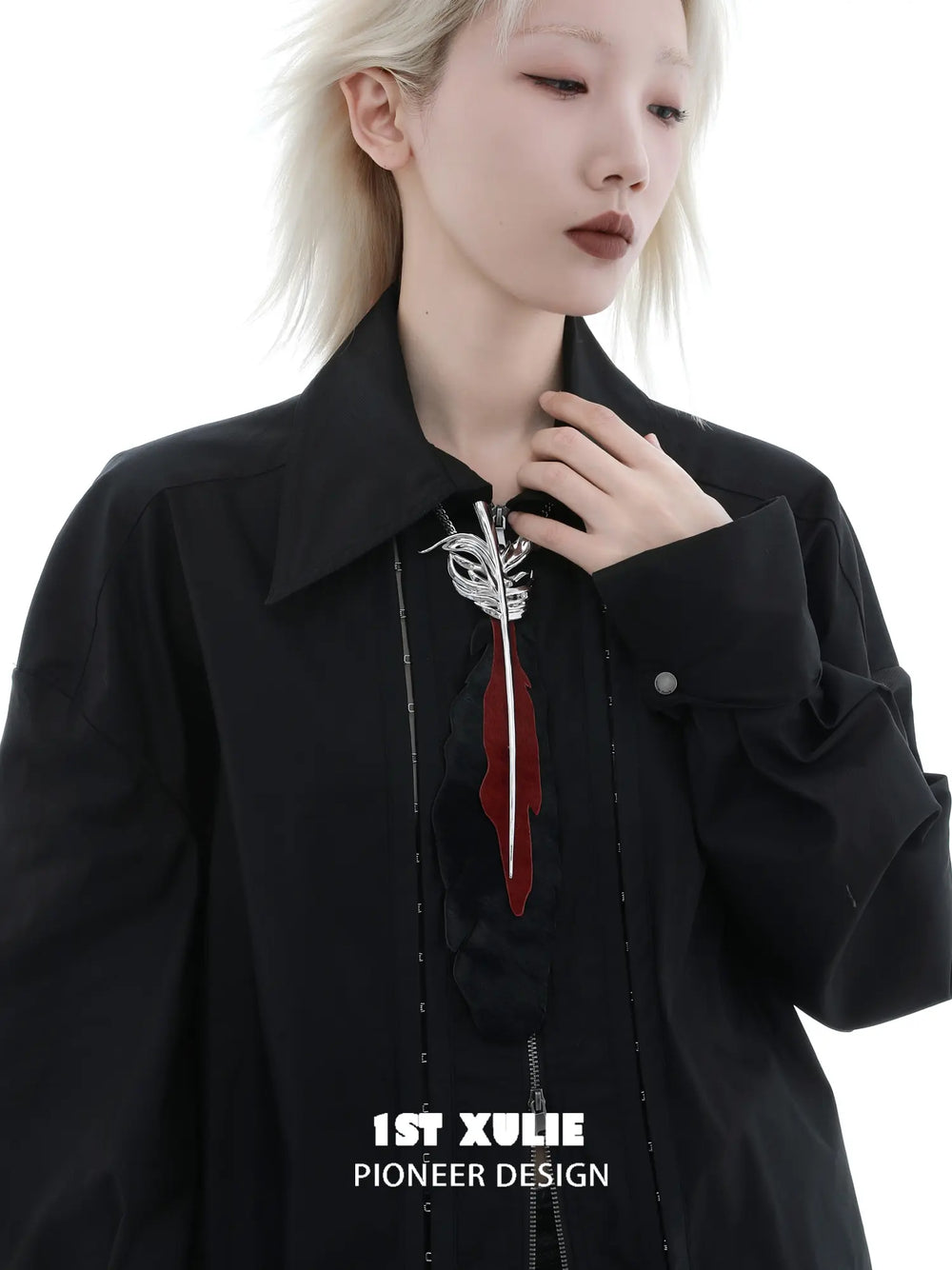 1ST XULIE Jewelry "Soaring Cranes" Feather Tie with Zirconia in Platinum Plated Brass - Lifestyle Shot