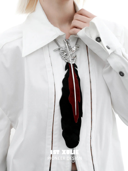 1ST XULIE Jewelry "Soaring Cranes" Feather Tie with Zirconia in Platinum Plated Brass - Texture