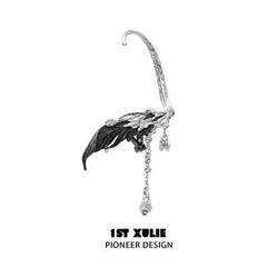 1ST XULIE "Lucifer" Statement Feather Wing No-Piercing Ear Wraps in Black Platinum - Detail Shot