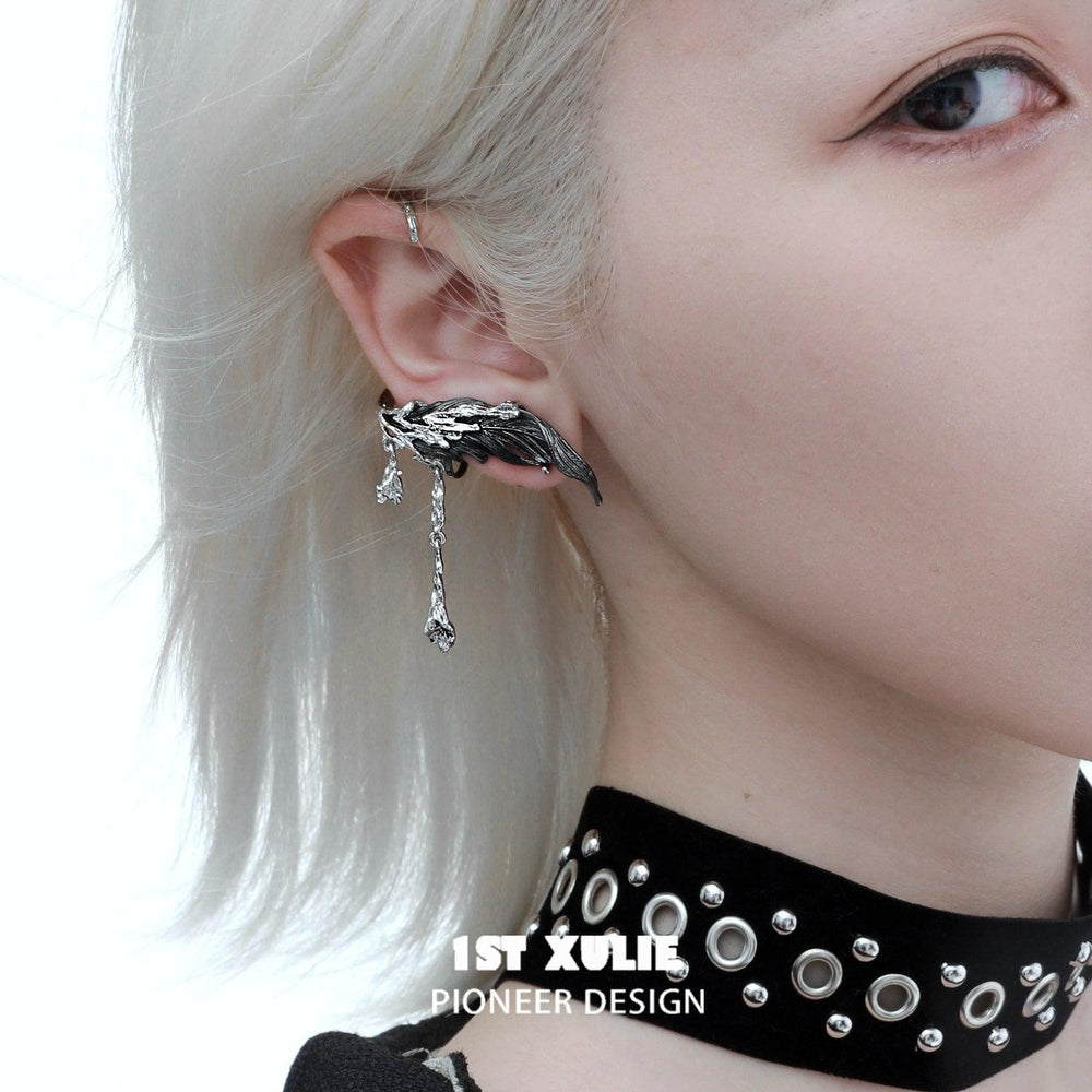 1ST XULIE "Lucifer" Statement Feather Wing No-Piercing Ear Wraps in Black Platinum - On Model