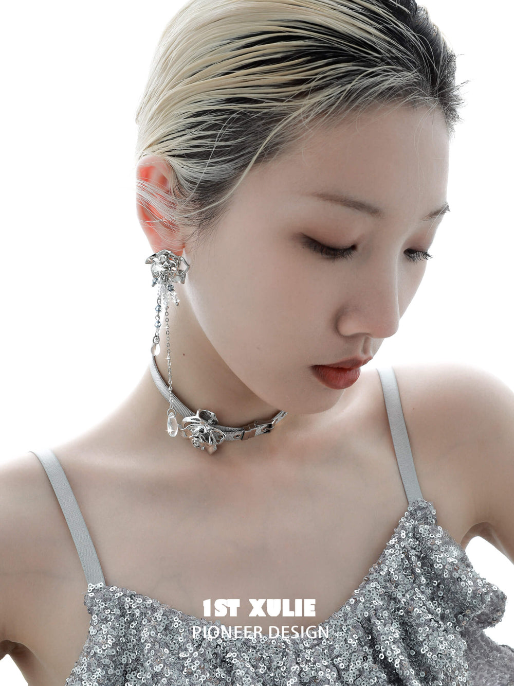 1ST XULIE "Rose Believer" Floral Cross Statement Dangle Earrings in Platinum Plated - Side View