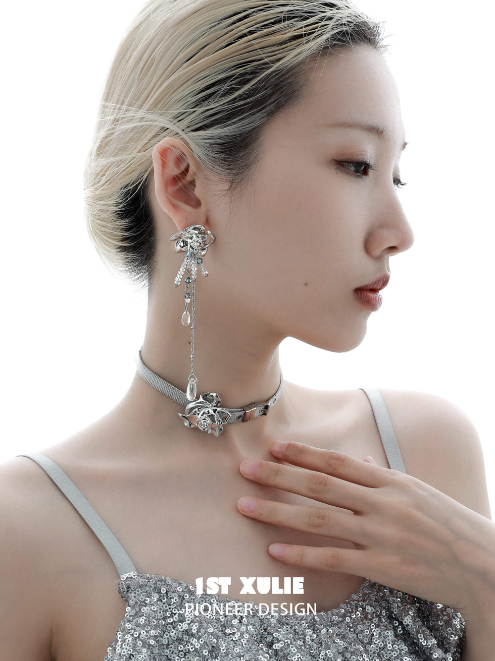 1ST XULIE "Rose Believer" Floral Cross Statement Dangle Earrings in Platinum Plated - Detail Shot