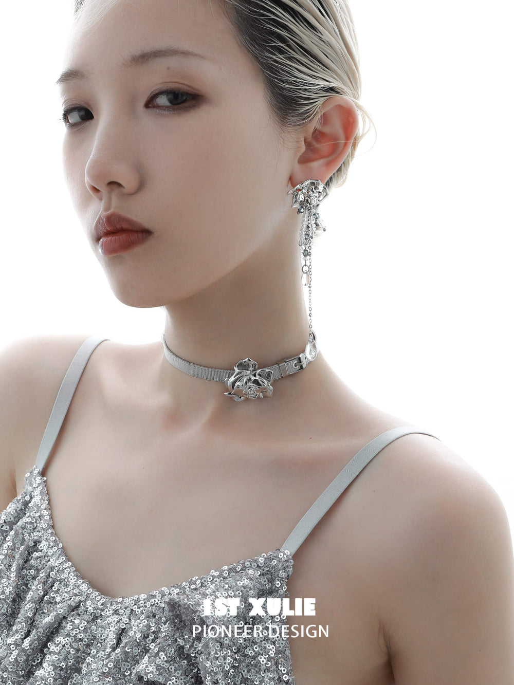 1ST XULIE "Rose Believer" Floral Cross Statement Dangle Earrings in Platinum Plated - Lifestyle Shot