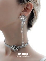 1ST XULIE "Rose Believer" Floral Cross Statement Dangle Earrings in Platinum Plated - Product View