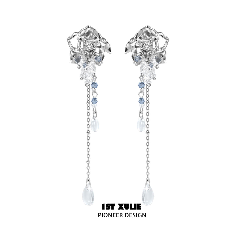 1ST XULIE "Rose Believer" Floral Cross Statement Dangle Earrings in Platinum Plated - On Model