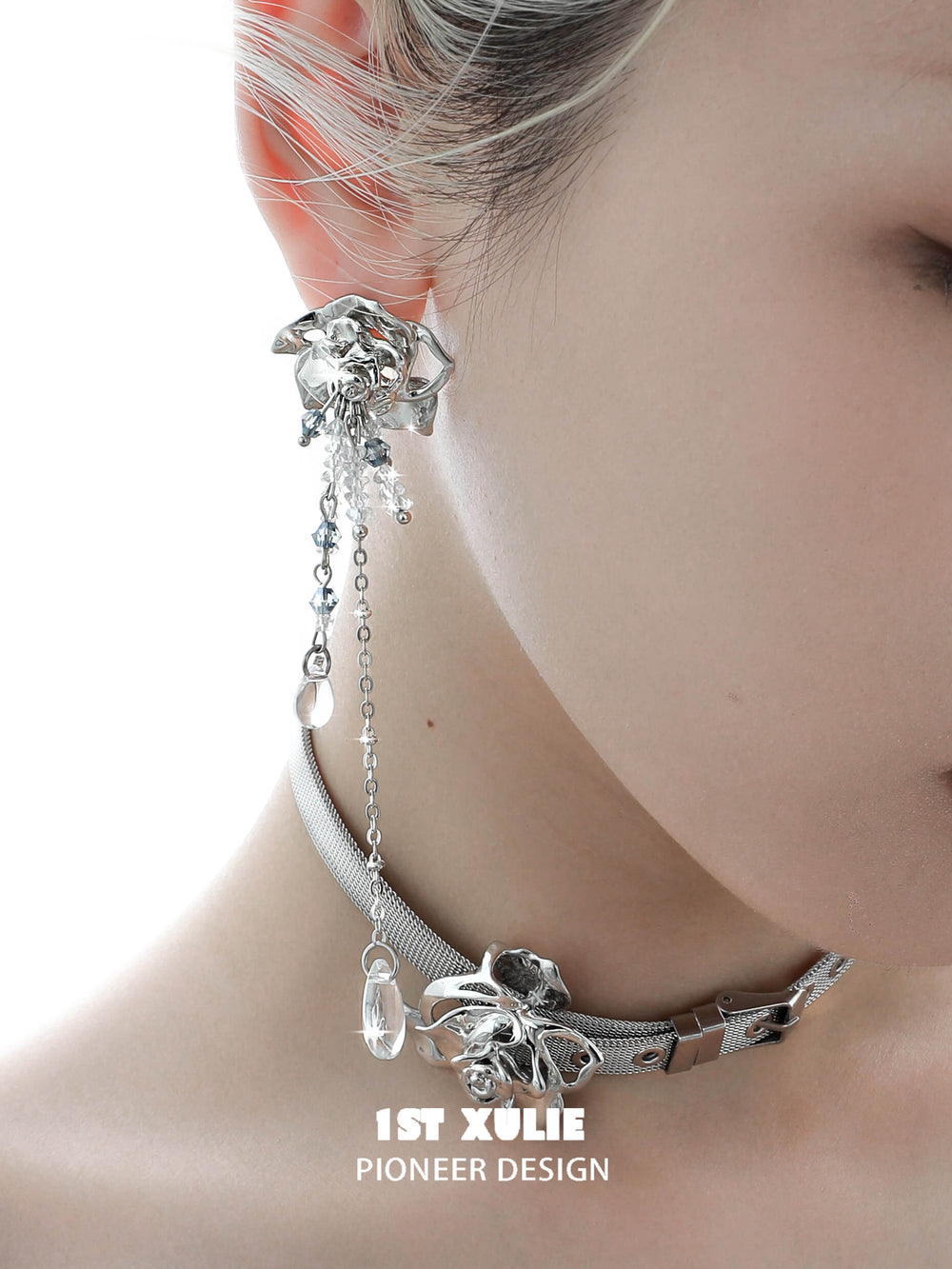 1ST XULIE "Rose Believer" Floral Cross Statement Dangle Earrings in Platinum Plated - On Model Close Up