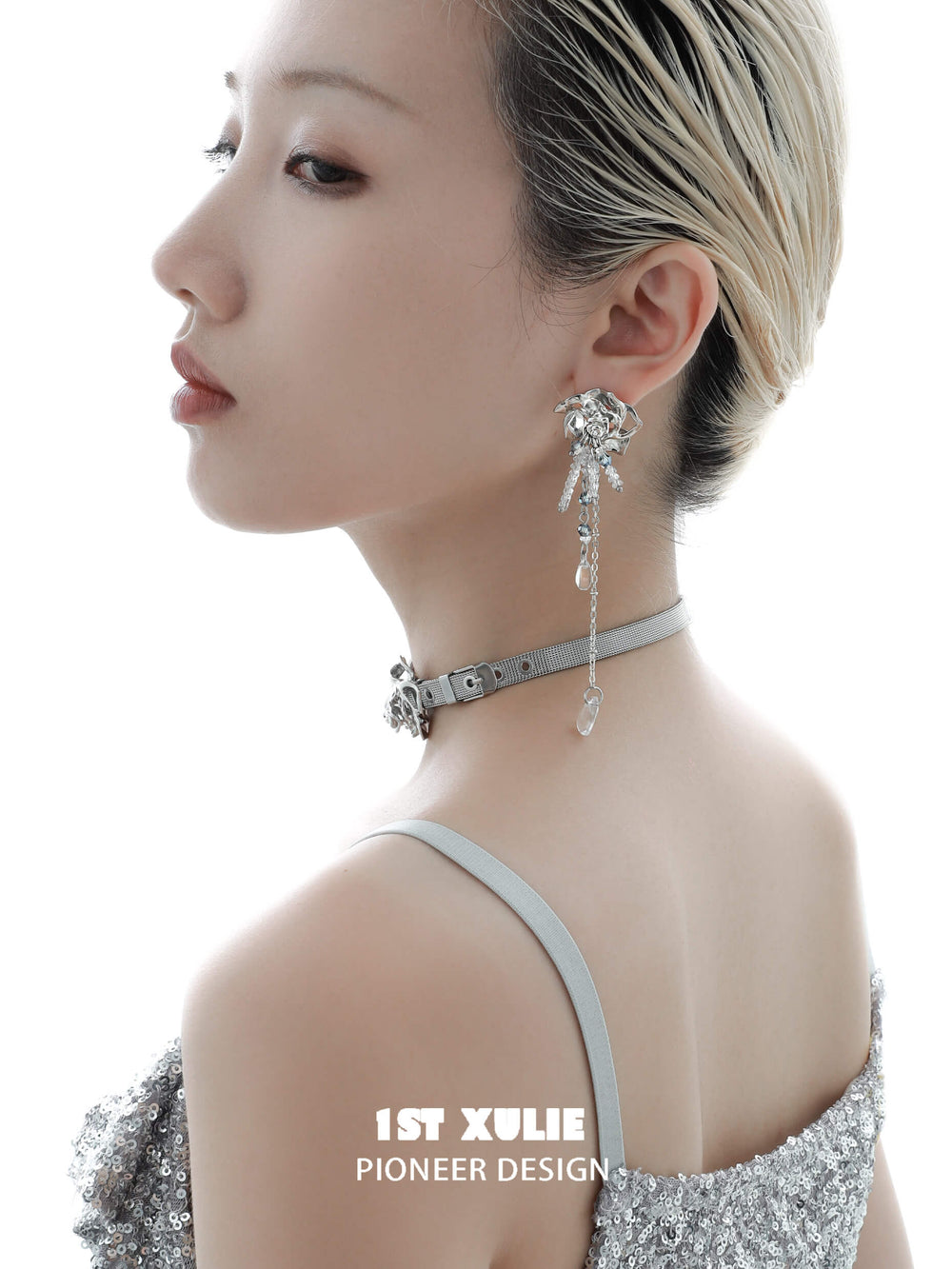 1ST XULIE "Rose Believer" Floral Cross Statement Dangle Earrings in Platinum Plated - Product View