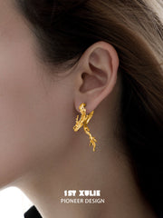 1ST XULIE "Loong" Flowing Dragon Dangle Stud Earrings in 24K Gold Plated 925 Sterling Silver - Side View