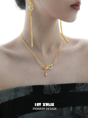 1ST XULIE "Loong" Flowing Dragon Jade Statement Dangle Earrings in 24K Gold Plated - Lifestyle Shot
