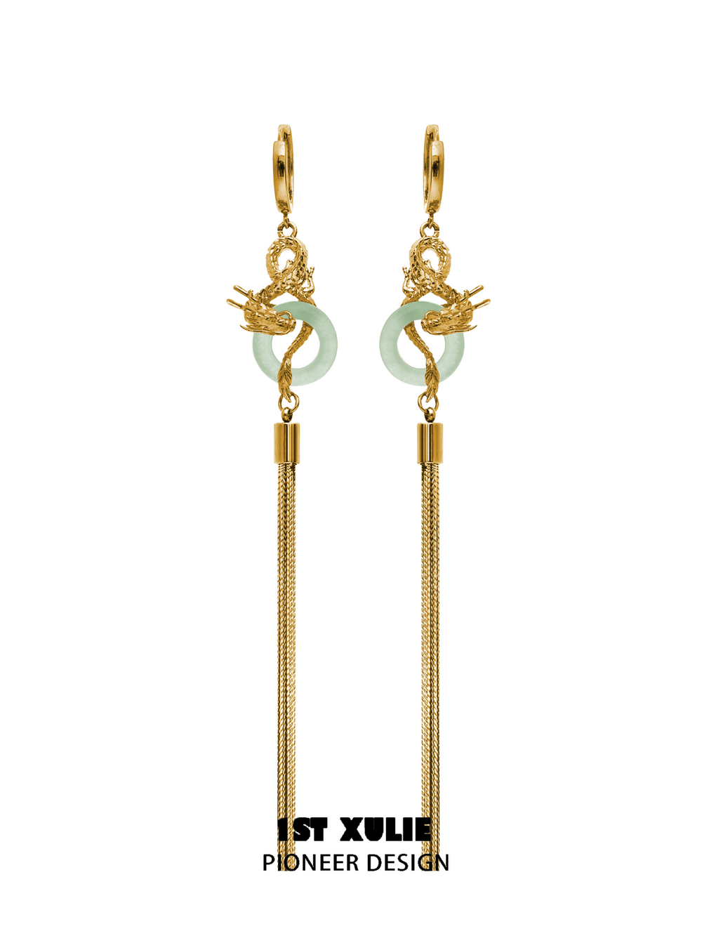 1ST XULIE "Loong" Flowing Dragon Jade Statement Dangle Earrings in 24K Gold Plated - Product View