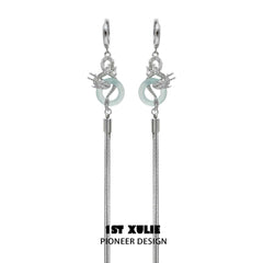 1ST XULIE "Loong" Flowing Dragon Jade Tassel Earrings in Platinum Plated - Product View