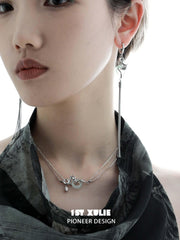1ST XULIE "Loong" Flowing Dragon Jade Tassel Earrings in Platinum Plated - On Model