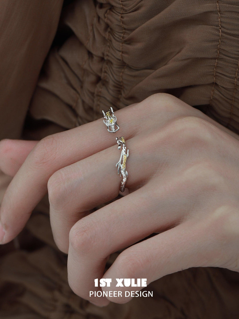 1ST XULIE "Loong" Adjustable Flowing Dragon Open Ring in 925 Sterling Silver - Angled View
