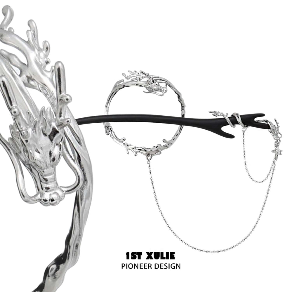 1ST XULIE "Loong" Flowing Dragon Walnut Hair Pin in Platinum Plated Walnut and Jade - Side View