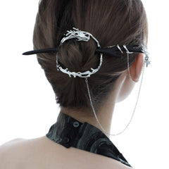 1ST XULIE "Loong" Flowing Dragon Walnut Hair Pin in Platinum Plated Walnut and Jade - Detail Shot