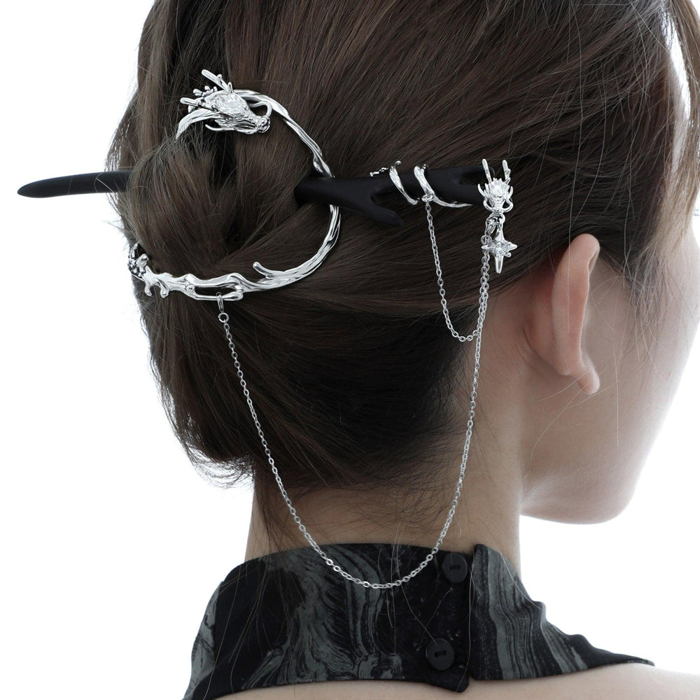 1ST XULIE "Loong" Flowing Dragon Walnut Hair Pin in Platinum Plated Walnut and Jade - Product View