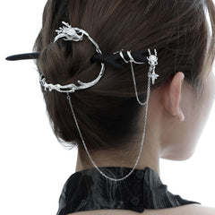 1ST XULIE "Loong" Flowing Dragon Walnut Hair Pin in Platinum Plated Walnut and Jade - Product View