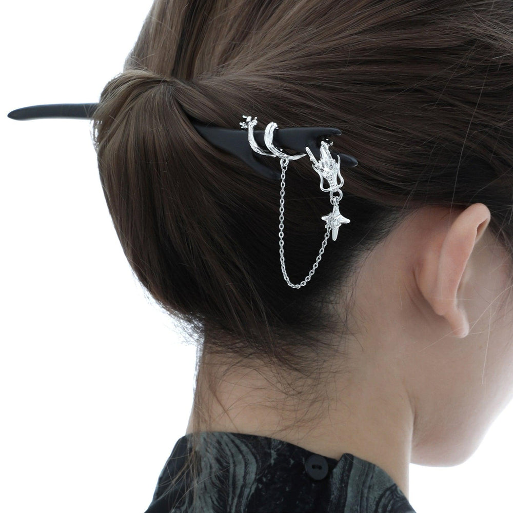 1ST XULIE "Loong" Flowing Dragon Walnut Hair Pin in Platinum Plated Walnut and Jade - On Model Close-Up