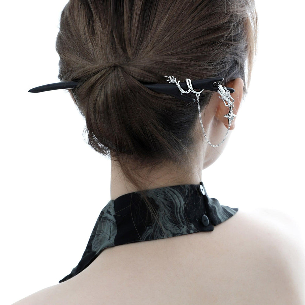 1ST XULIE "Loong" Flowing Dragon Walnut Hair Pin in Platinum Plated Walnut and Jade - Packaging View