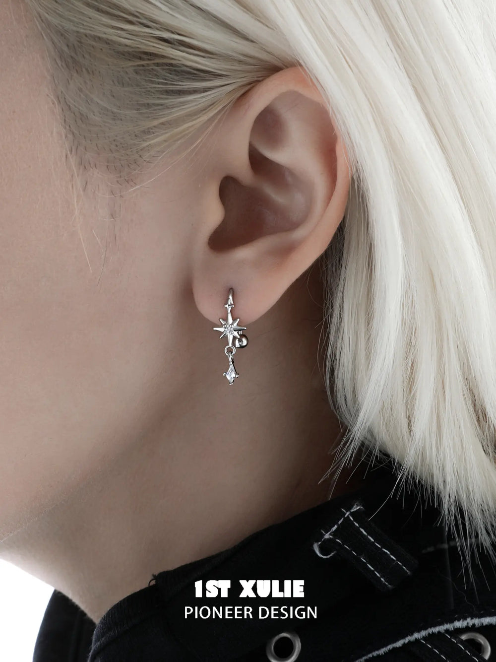 1ST XULIE Jewelry "Star Trails" Four-Pointed Star Hook Earrings in 925 Sterling Silver - Detail Shot