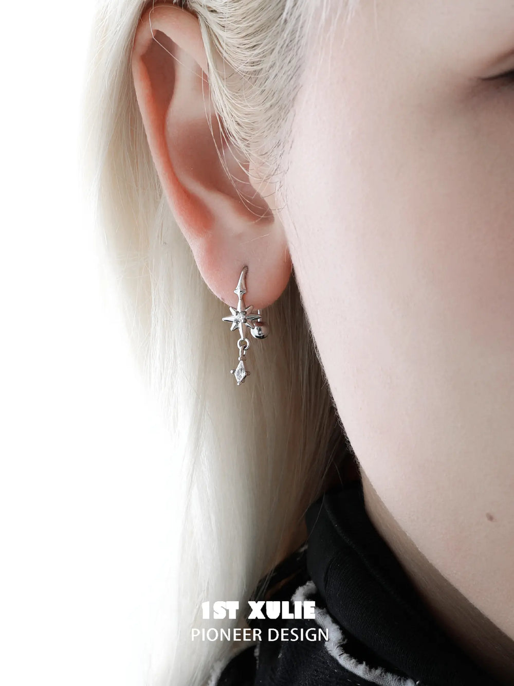 1ST XULIE Jewelry "Star Trails" Four-Pointed Star Hook Earrings in 925 Sterling Silver - On Model Close-up