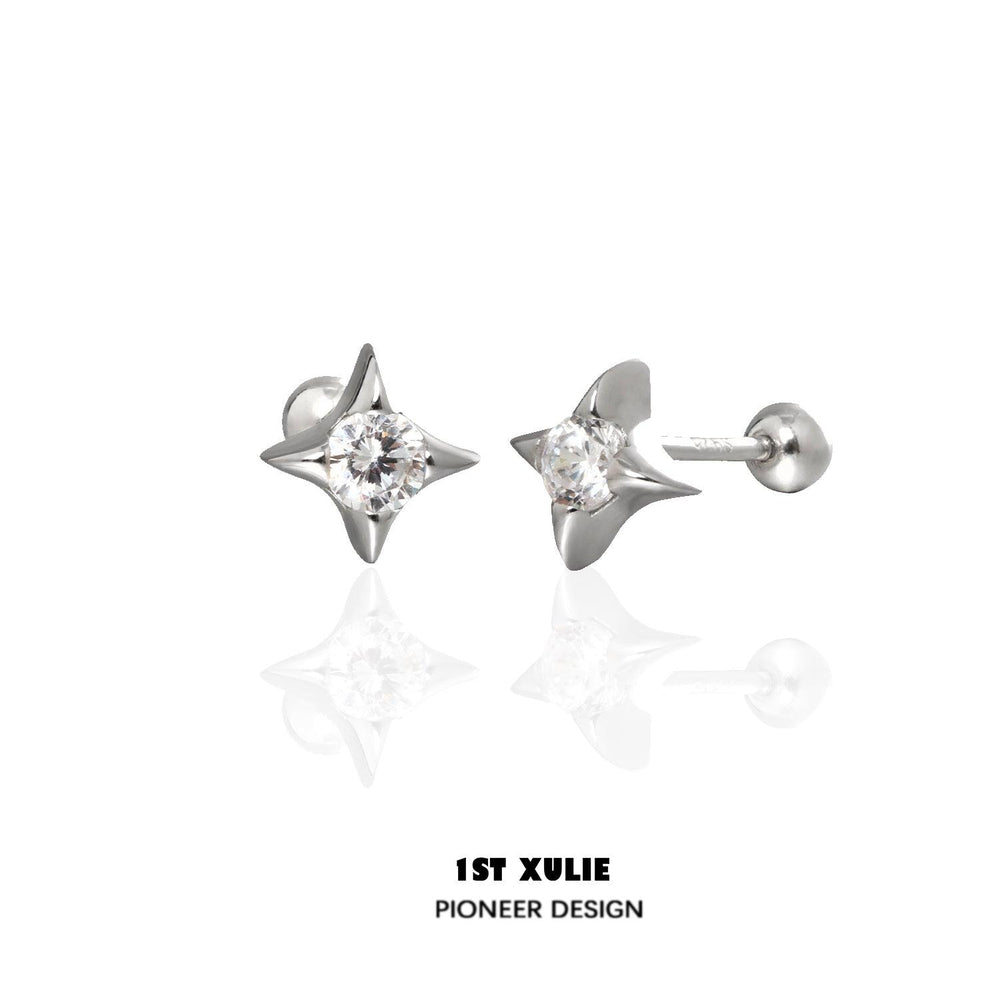 1ST XULIE "Star Trails" Dainty Four-Pointed Star Stud Earrings in 925 Sterling Silver - Front View
