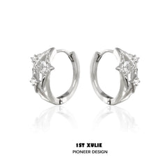 1ST XULIE "Star Trails" Dainty Four-Pointed Star Stud Earrings in 925 Sterling Silver - On Model