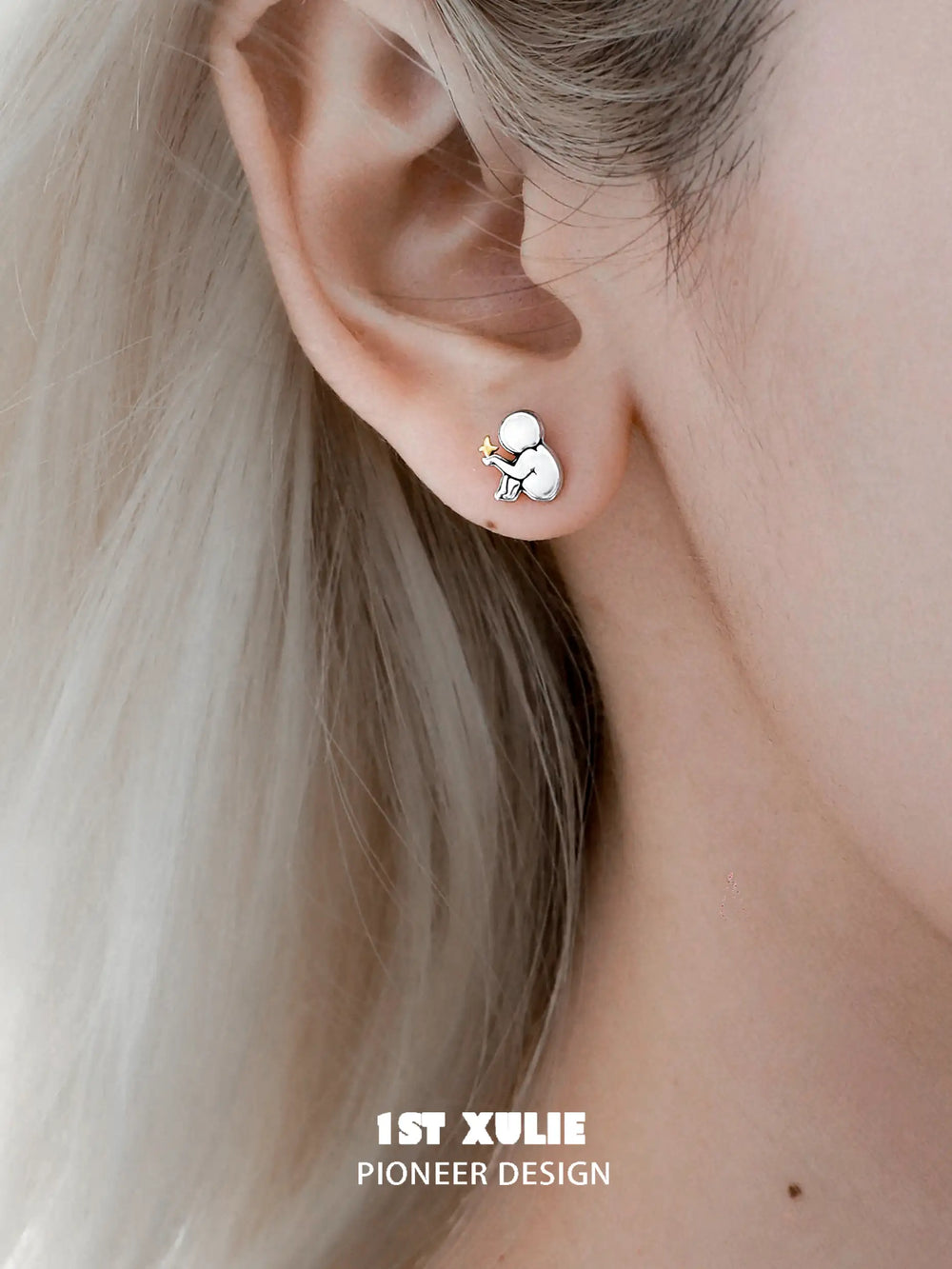 1ST XULIE "Cat's Gaze" Geometric Cat Head Stud Earrings in 925 Sterling Silver - Angle View