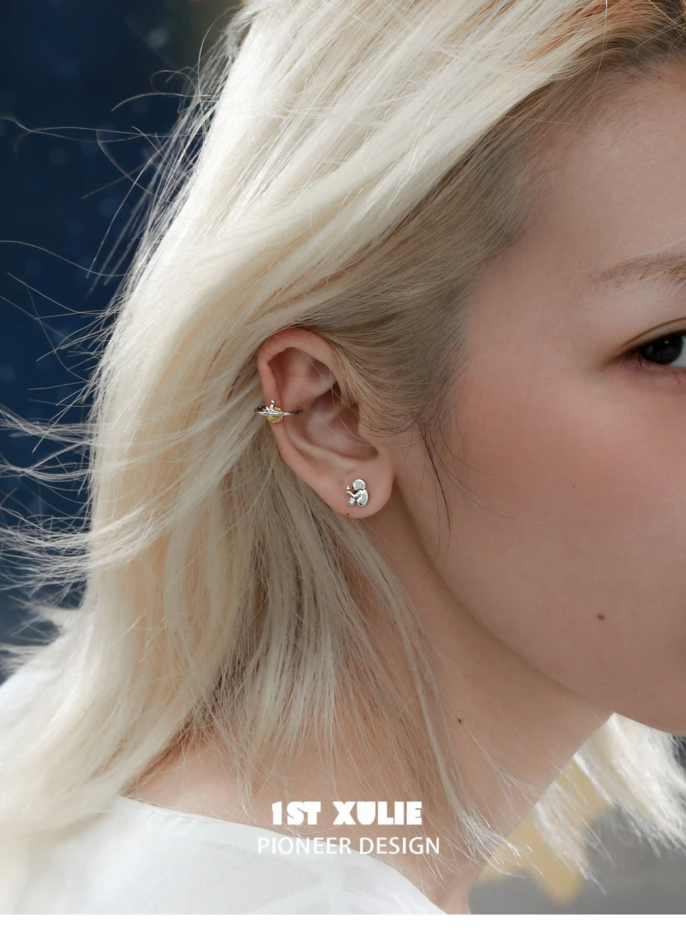 1ST XULIE "Cat's Gaze" Geometric Cat Head Stud Earrings in 925 Sterling Silver - On Model