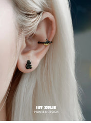 1ST XULIE "Cat's Gaze" Geometric Cat Head Stud Earrings in 925 Sterling Silver - On Model Close-Up