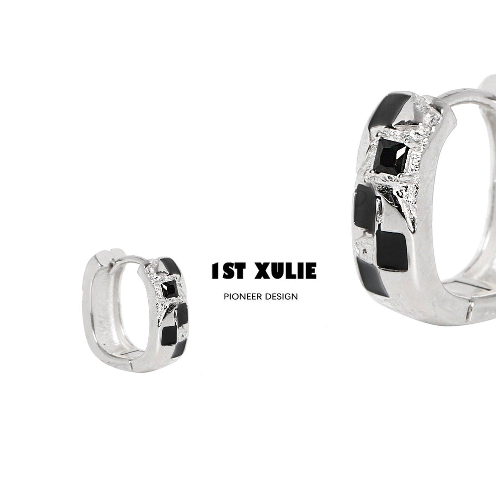 1ST XULIE "Checkerboard" Geometric Checkerboard Stud Earrings in Platinum Plate with S925 Silver Pins - Side View