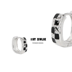 1ST XULIE "Checkerboard" Geometric Checkerboard Stud Earrings in Platinum Plate with S925 Silver Pins - Side View