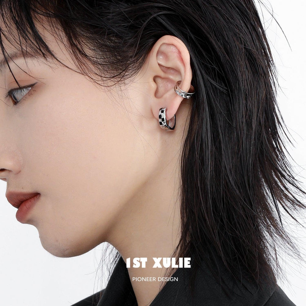 1ST XULIE "Checkerboard" Geometric Checkerboard Stud Earrings in Platinum Plate with S925 Silver Pins - Back View