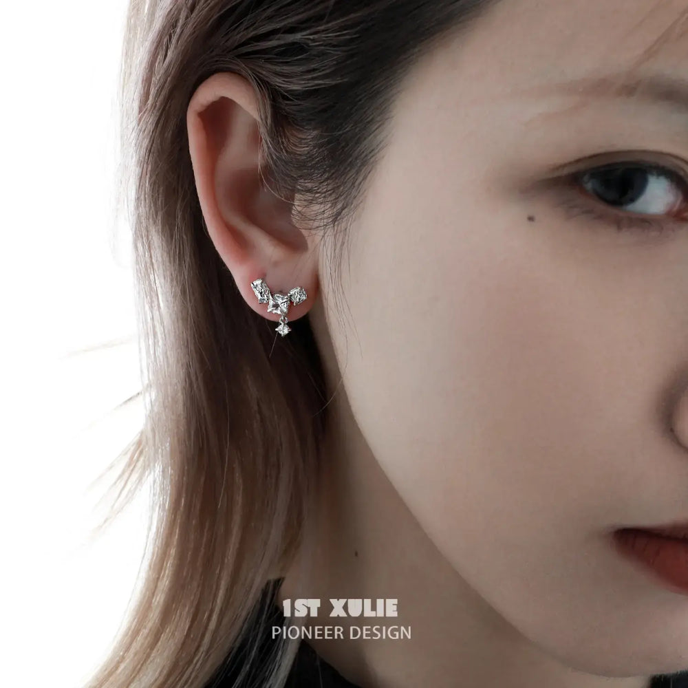 1ST XULIE "Silver Angel" Geometric Zirconia Huggie Earrings in 925 Sterling Silver - Detail Shot