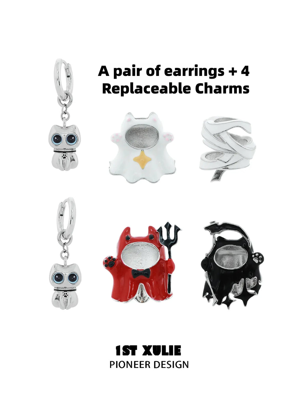 1ST XULIE "CANDLELIGHT GHOST" Interchangeable Ghost Cat Charm Hoop Earrings in Platinum Plated - Packaging View