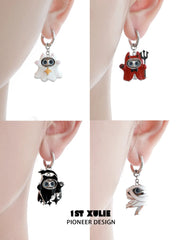 1ST XULIE "CANDLELIGHT GHOST" Interchangeable Ghost Cat Charm Hoop Earrings in Platinum Plated - Side View